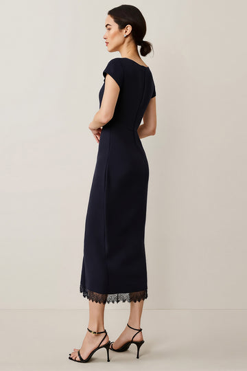 Navy Sheath Midi Work Dress with Short Sleeves